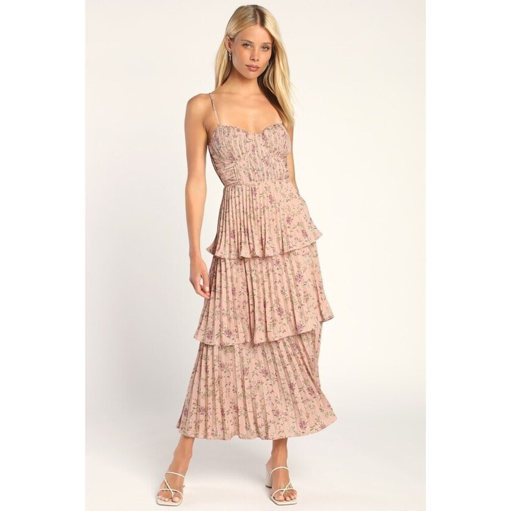 Lulus Cascading Crush Pink Floral Print Tiered Bustier Midi Dress - Size XL
